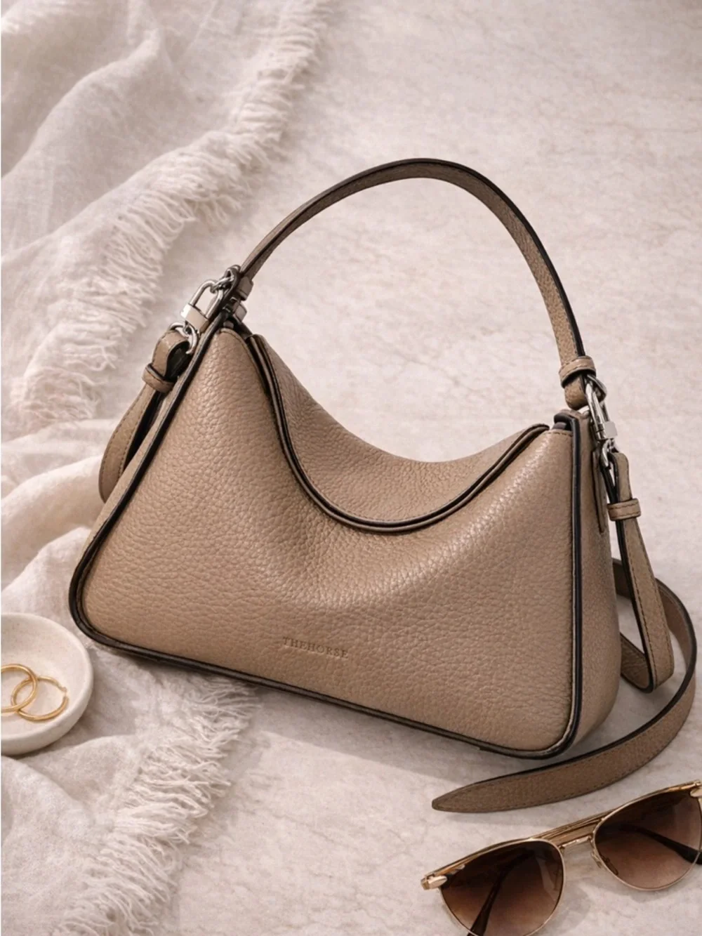 The Horse Clementine Taupe Pebbled Leather Shoulder Bag Crossbody EUC